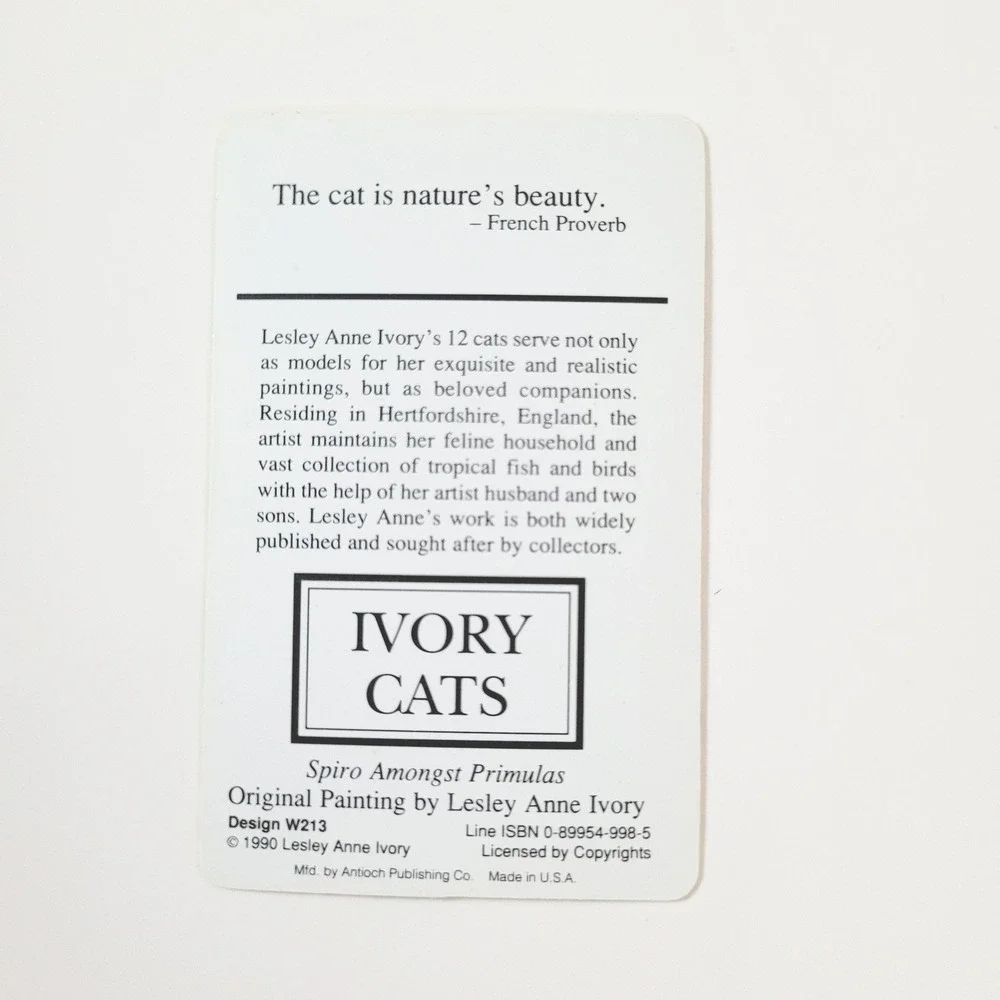 Vintage 90s Lesley Ivory Cats Card Bookmark- Spiro in Primulas 1990 Antioch W213
